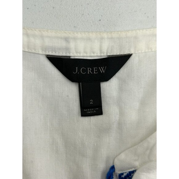 J Crew Tunic Blouse Women's Size 2 White Blue Embroidered Tassel Linen Blend - Picture 3 of 15